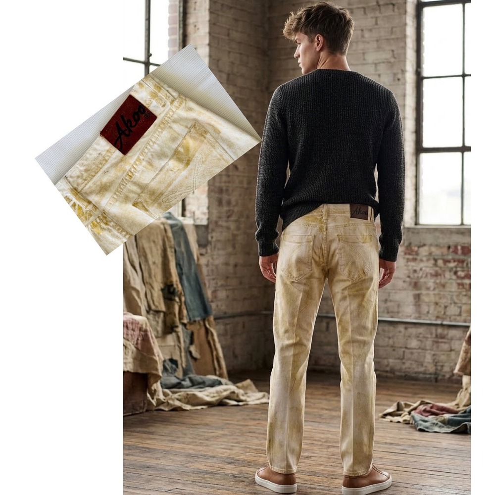 AKOO‎ Brand Mens 36 Distressed Tan Gold Wash Straight Leg Denim Jeans Streetwear